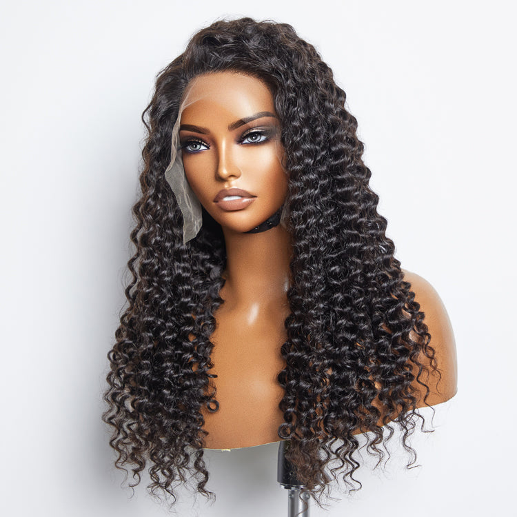 Enstah 30inch 13x6 PartingMax Glueless Lace Wig 3D Cap Pre-bleached Deep Curly Transparent Lace Front Wig 180% Density