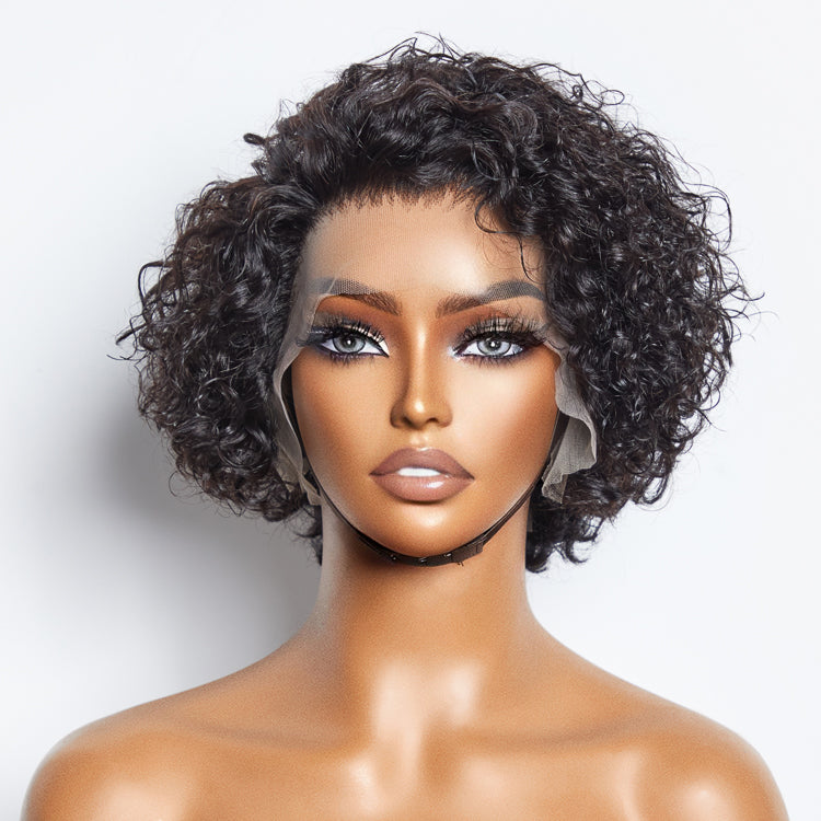 Enstah 8 inch Short Curly Pixie Cut 13"x4" Frontal Lace Wig Pre-Bleached Knots Brazilian Human Virgin Hair 150% Density