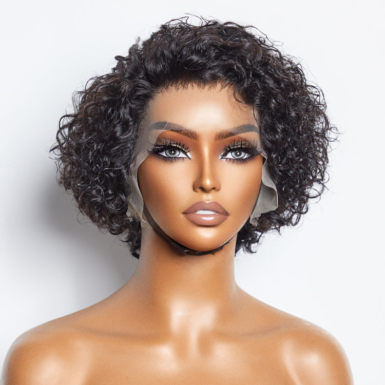 Enstah 8 inch Short Curly Pixie Cut 13"x4" Frontal Lace Wig Pre-Bleached Knots Brazilian Human Virgin Hair 150% Density