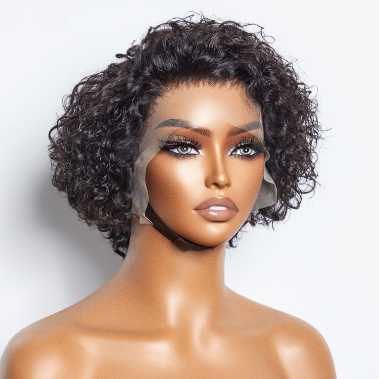 Enstah 8 inch Short Curly Pixie Cut 13"x4" Frontal Lace Wig Pre-Bleached Knots Brazilian Human Virgin Hair 150% Density