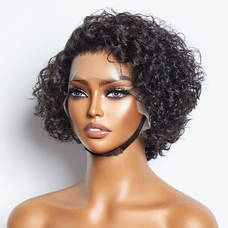 Enstah 8 inch Short Curly Pixie Cut 13"x4" Frontal Lace Wig Pre-Bleached Knots Brazilian Human Virgin Hair 150% Density