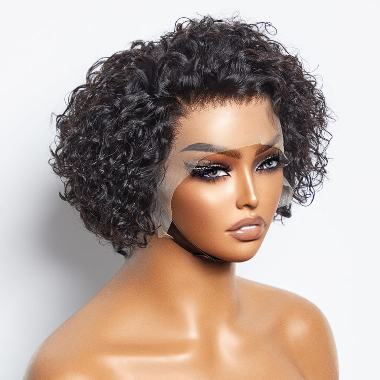 Enstah 8 inch Short Curly Pixie Cut 13"x4" Frontal Lace Wig Pre-Bleached Knots Brazilian Human Virgin Hair 150% Density