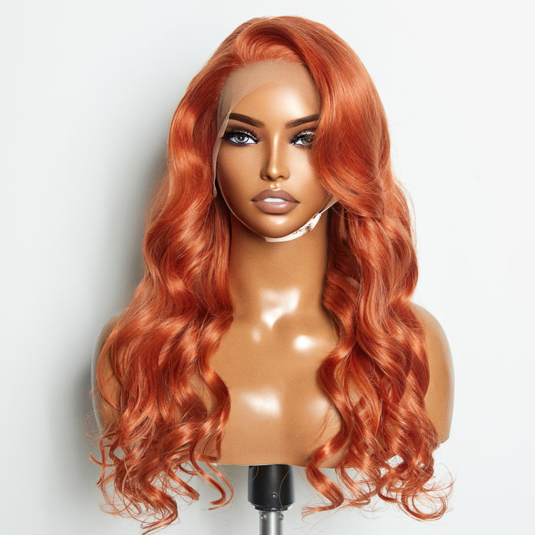 Enstah 24 Inches Ginger 13"x4" Lace Front Body Wavy Wig Pre-Plucked Free Part 150% Density-100% Human Hair
