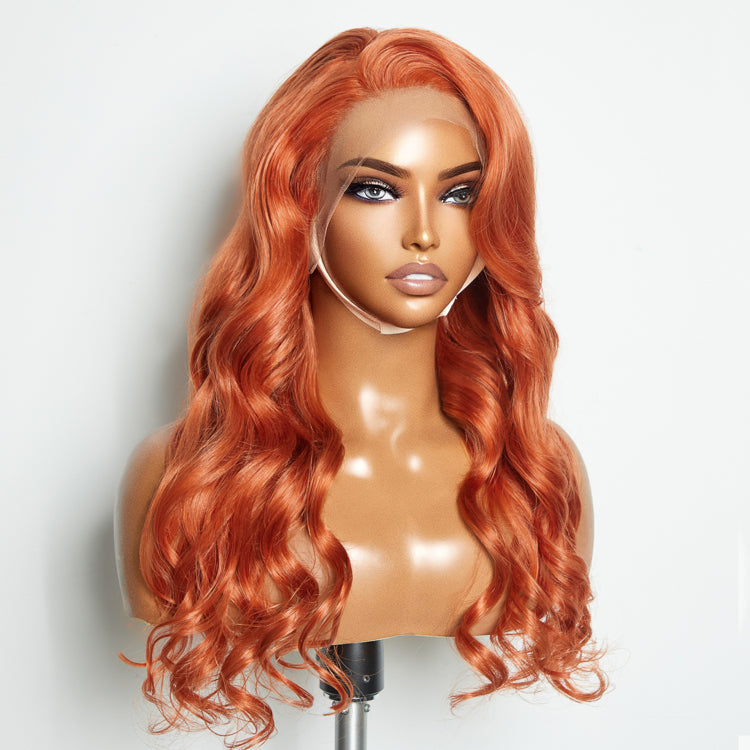 Enstah 24 Inches Ginger 13"x4" Lace Front Body Wavy Wig Pre-Plucked Free Part 150% Density-100% Human Hair