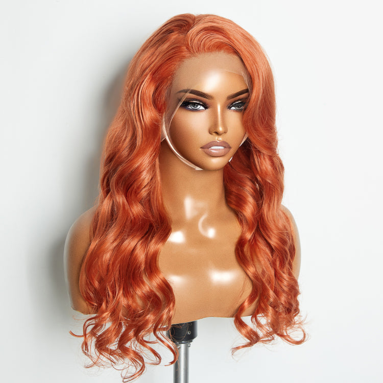 Enstah 24 Inches Ginger 13"x4" Lace Front Body Wavy Wig Pre-Plucked Free Part 150% Density-100% Human Hair