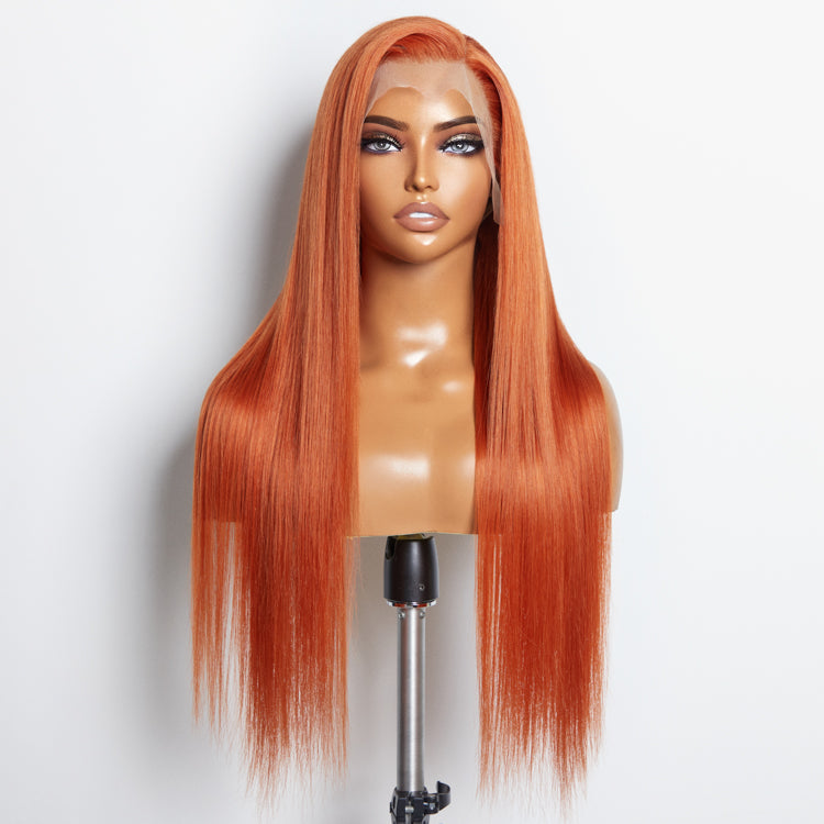 Enstah 24 Inches Ginger 13"x4" Lace Front Straight Wig Pre-Plucked Free Part 150% Density-100% Human Hair