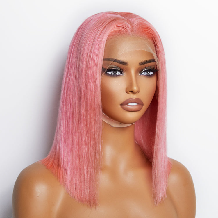 Enstah 10 Inches & 14 Inches Pre-Plucked 13"x4" #Pink Straight Bob Lace Frontal Wig 150% Density-100% Human Hair