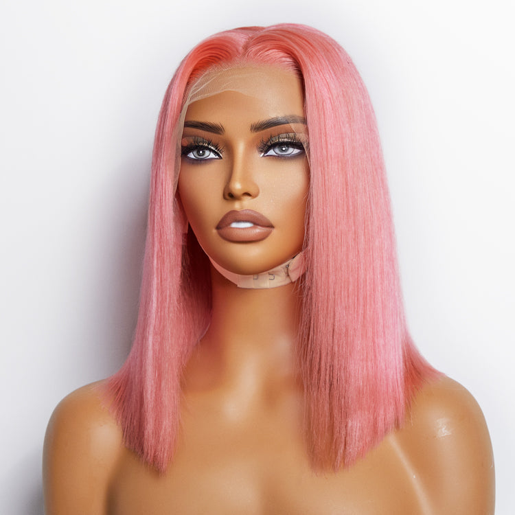 Enstah 10 Inches & 14 Inches Pre-Plucked 13"x4" #Pink Straight Bob Lace Frontal Wig 150% Density-100% Human Hair
