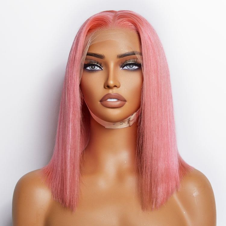 Enstah 10 Inches & 14 Inches Pre-Plucked 13"x4" #Pink Straight Bob Lace Frontal Wig 150% Density-100% Human Hair