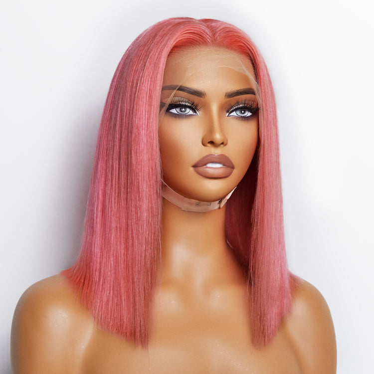 Enstah 10 Inches & 14 Inches Pre-Plucked 13"x4" #Pink Straight Bob Lace Frontal Wig 150% Density-100% Human Hair