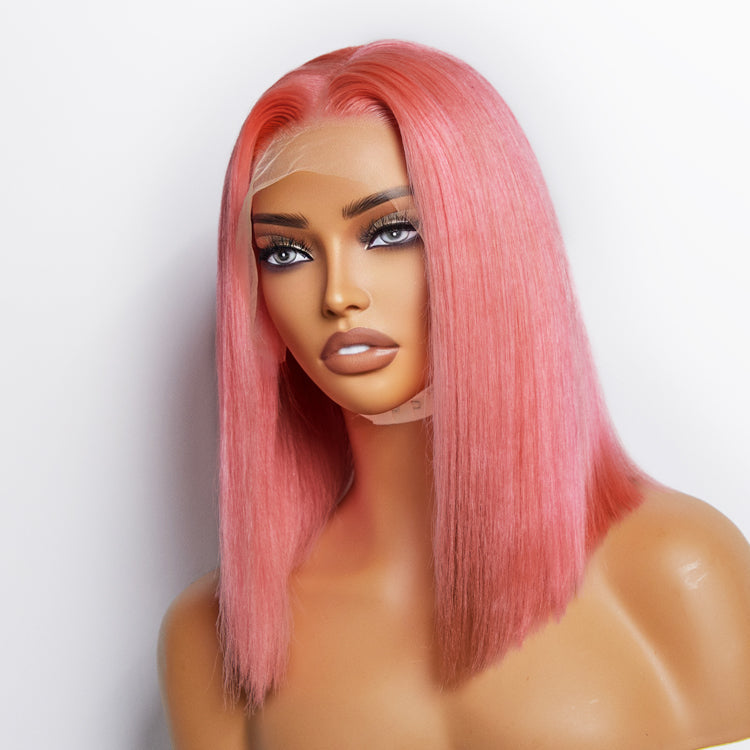Enstah 10 Inches & 14 Inches Pre-Plucked 13"x4" #Pink Straight Bob Lace Frontal Wig 150% Density-100% Human Hair
