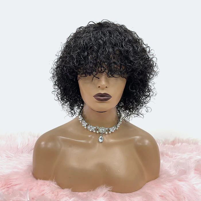 Enstah 10 inch Human Hair Natural Curly Fringe Glueless BOB Wig