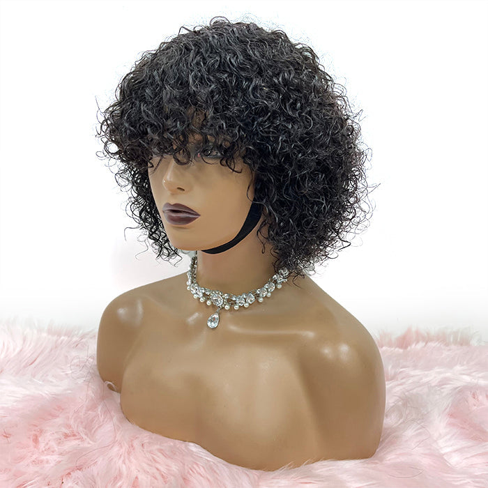 Enstah 10 inch Human Hair Natural Curly Fringe Glueless BOB Wig