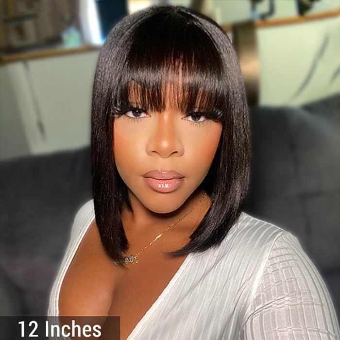 Enstah 12 Inch Realistic Yaki Straight Bob With Bangs 2x1 Minimalist Lace Wig 150% Density