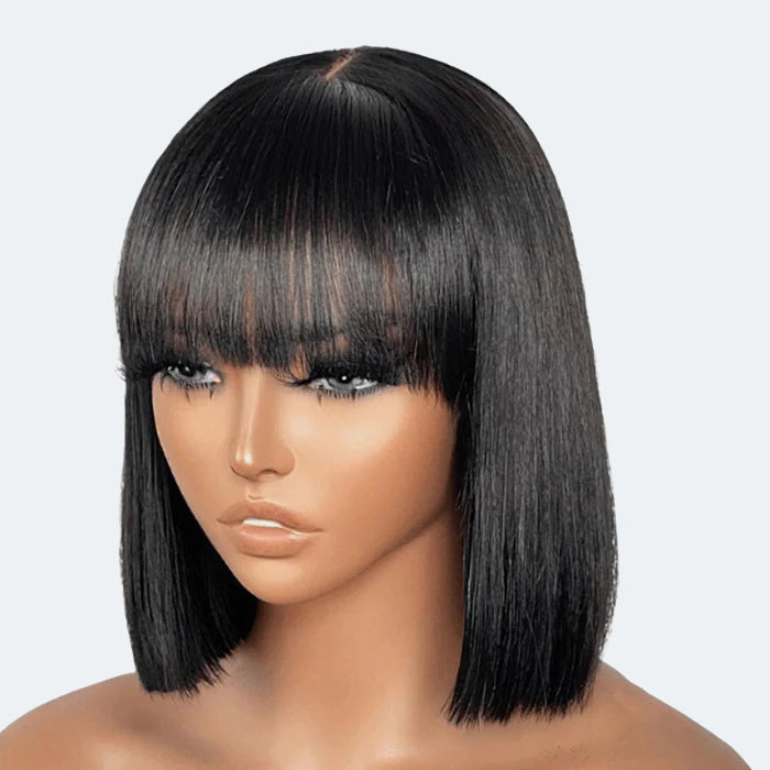 Enstah 12 Inch Realistic Yaki Straight Bob With Bangs 2x1 Minimalist Lace Wig 150% Density