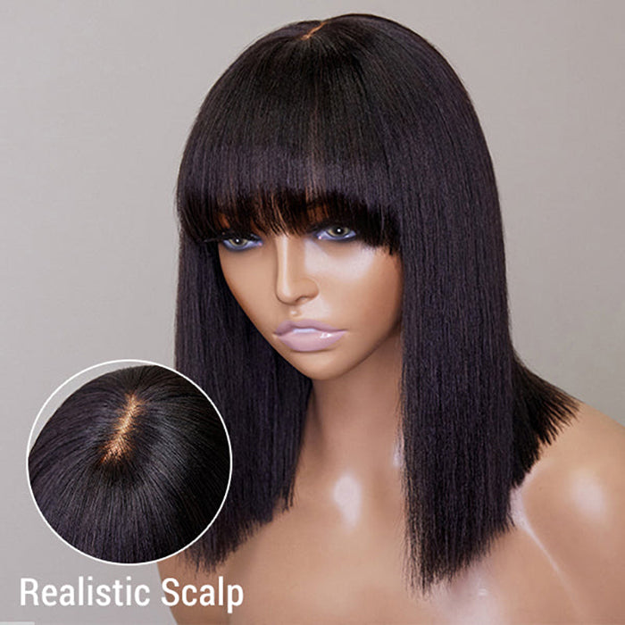 Enstah 12 Inch Realistic Yaki Straight Bob With Bangs 2x1 Minimalist Lace Wig 150% Density
