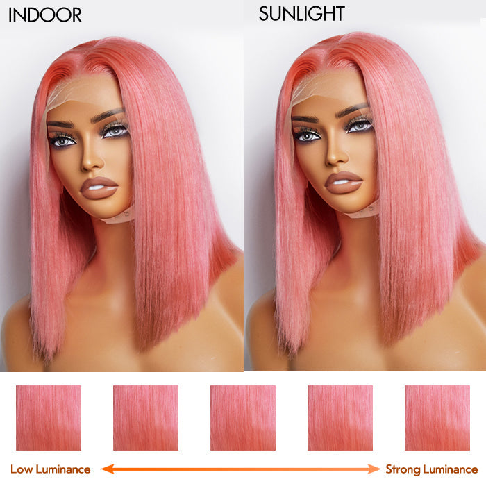 Enstah 10 Inches & 14 Inches Pre-Plucked 13"x4" #Pink Straight Bob Lace Frontal Wig 150% Density-100% Human Hair