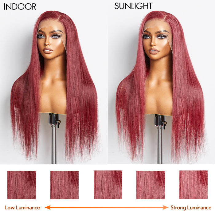 Enstah 24 Inches Burgundy 13"x4" Lace Front Straight Wig Pre-Plucked Free Part 150% Density-100% Human Hair