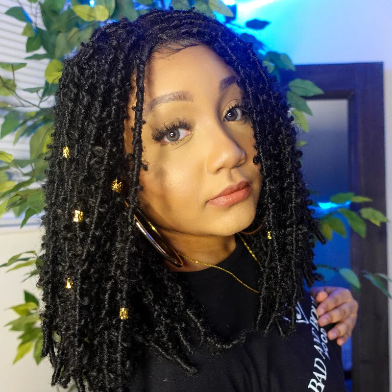 Enstah 14 Inches 4x4 Short Butterfly Locs Lace Closure wigs 200% Density-100% Handmade