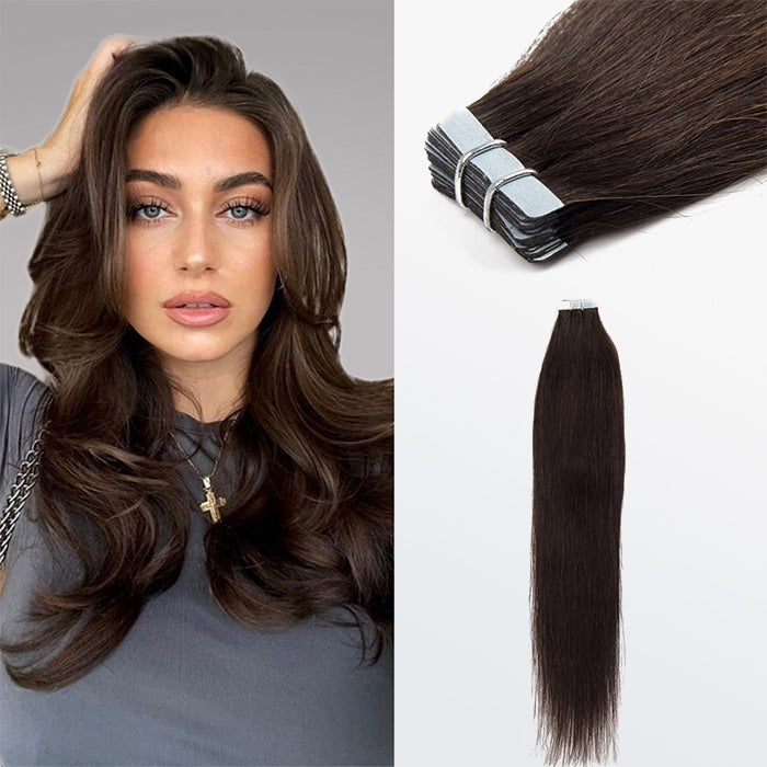 Enstah Premium Quality Straight Tape In Remy Hair Extensions #2 Darkest Brown