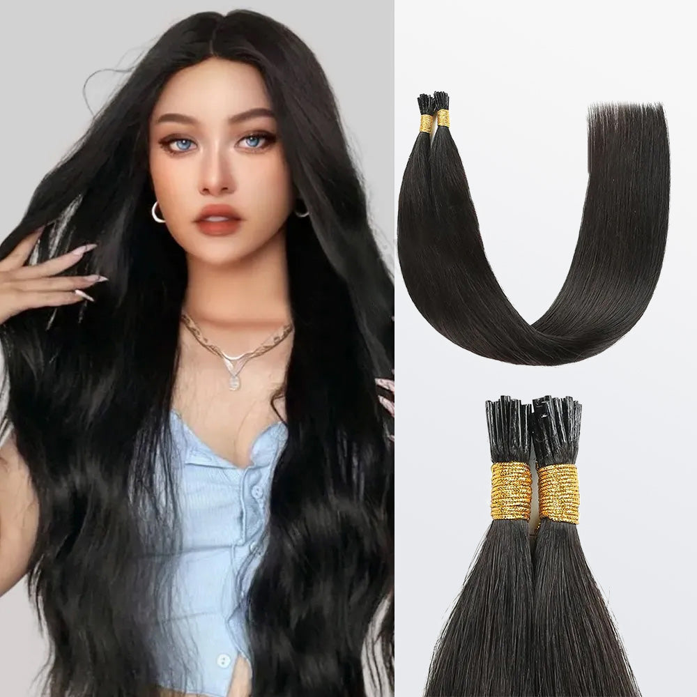 Enstah I Tip Hair Extensions Straight Natural Remy Human Hair (#1B Natural Black)