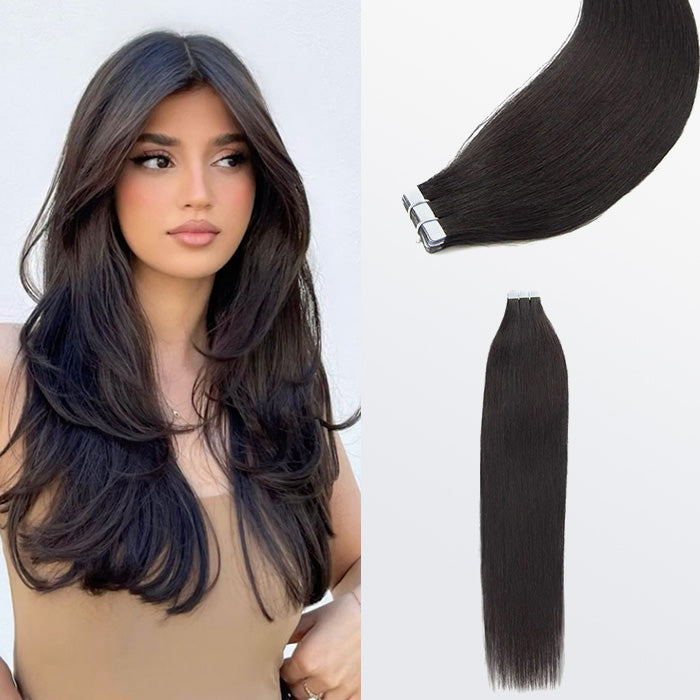 Enstah Premium Quality Straight Tape In Remy Hair Extensions #1B Natural Black