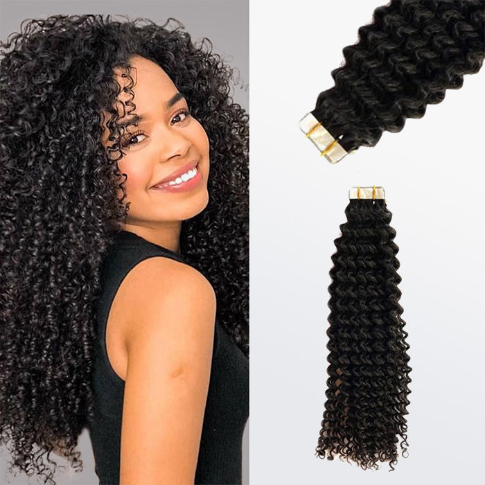 Enstah Afro-textured Kinky Curly Tape In Remy Hair Extensions #1B Natural Black