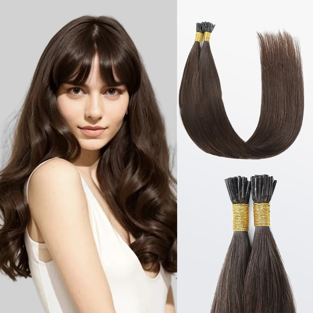 Enstah I Tip Hair Extensions Straight Natural Remy Human Hair (#2 Darkest Brown )