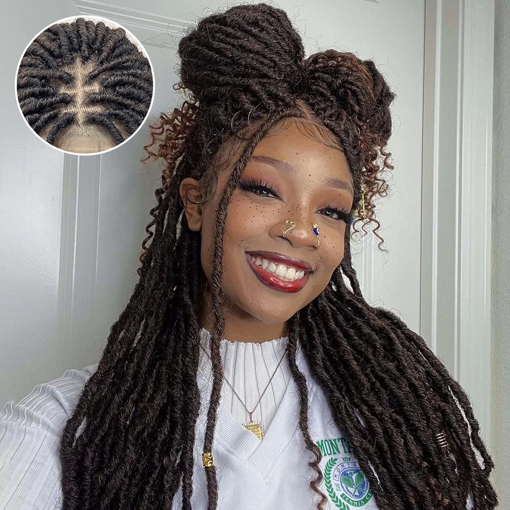 Enstah 26 Inches 4x4 Deep Curls Ends Boho Goddess Locs Lace Closure Wigs 200% Density-100% Handmade - Main Image