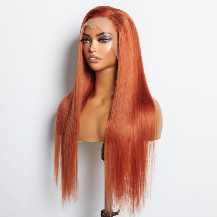 Enstah 24 Inches Ginger 13"x4" Lace Front Straight Wig Pre-Plucked Free Part 150% Density-100% Human Hair