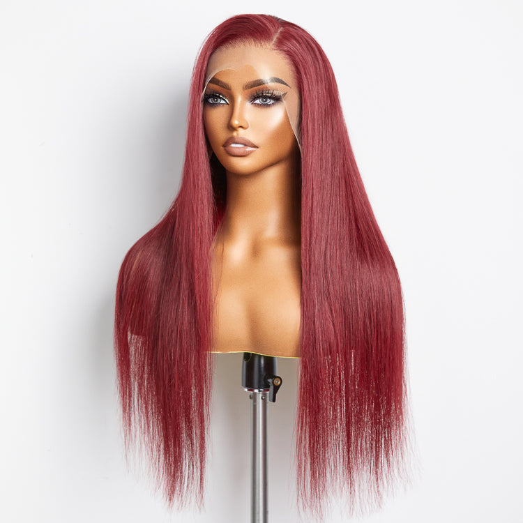 Enstah 24 Inches Burgundy 13"x4" Lace Front Straight Wig Pre-Plucked Free Part 150% Density-100% Human Hair