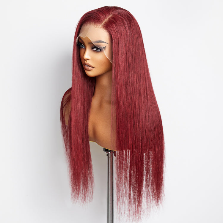 Enstah 24 Inches Burgundy 13"x4" Lace Front Straight Wig Pre-Plucked Free Part 150% Density-100% Human Hair