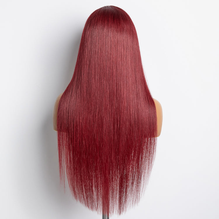 Enstah 24 Inches Burgundy 13"x4" Lace Front Straight Wig Pre-Plucked Free Part 150% Density-100% Human Hair