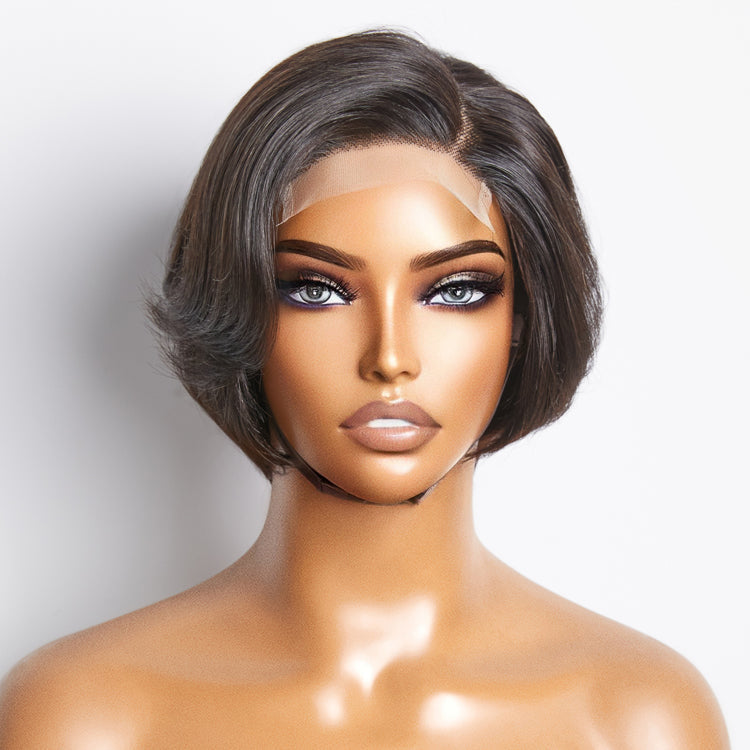 Enstah 8 Inches 4"x4" Natural Black Straight Bob Side Part Lace Closure Wig-100% Human Hair