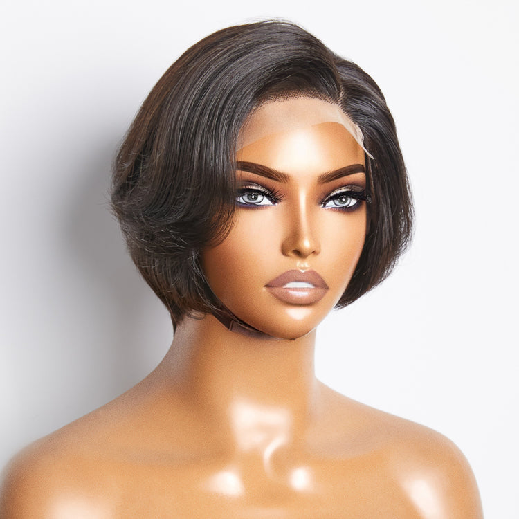 Enstah 8 Inches 4"x4" Natural Black Straight Bob Side Part Lace Closure Wig-100% Human Hair