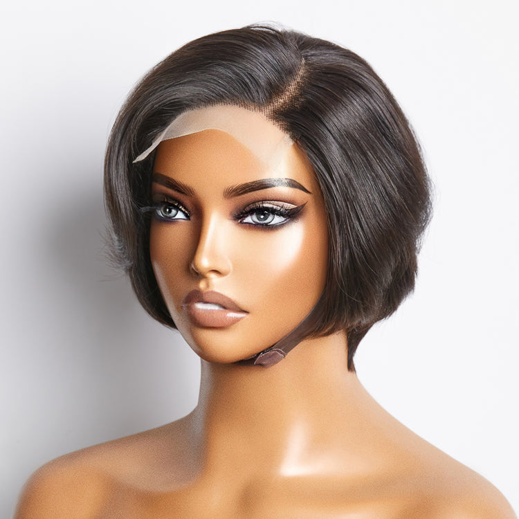 Enstah 8 Inches 4"x4" Natural Black Straight Bob Side Part Lace Closure Wig-100% Human Hair