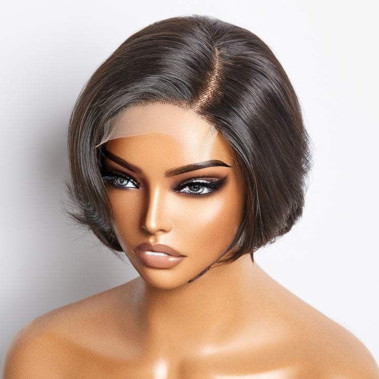 Enstah 8 Inches 4"x4" Natural Black Straight Bob Side Part Lace Closure Wig-100% Human Hair
