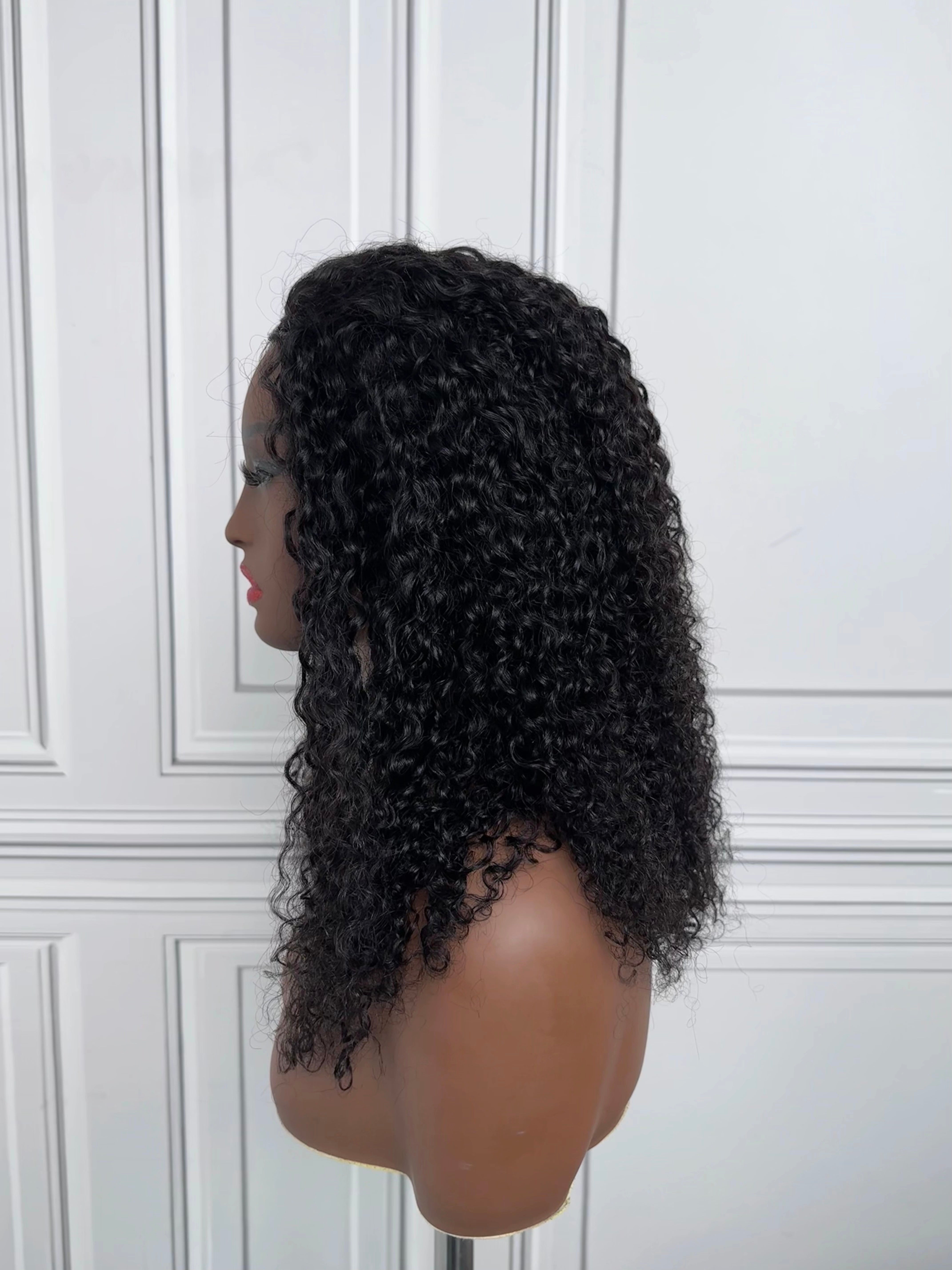 Enstah 16inch-22inch #1B Natural Black Messy Curly Half Wig 180% Density