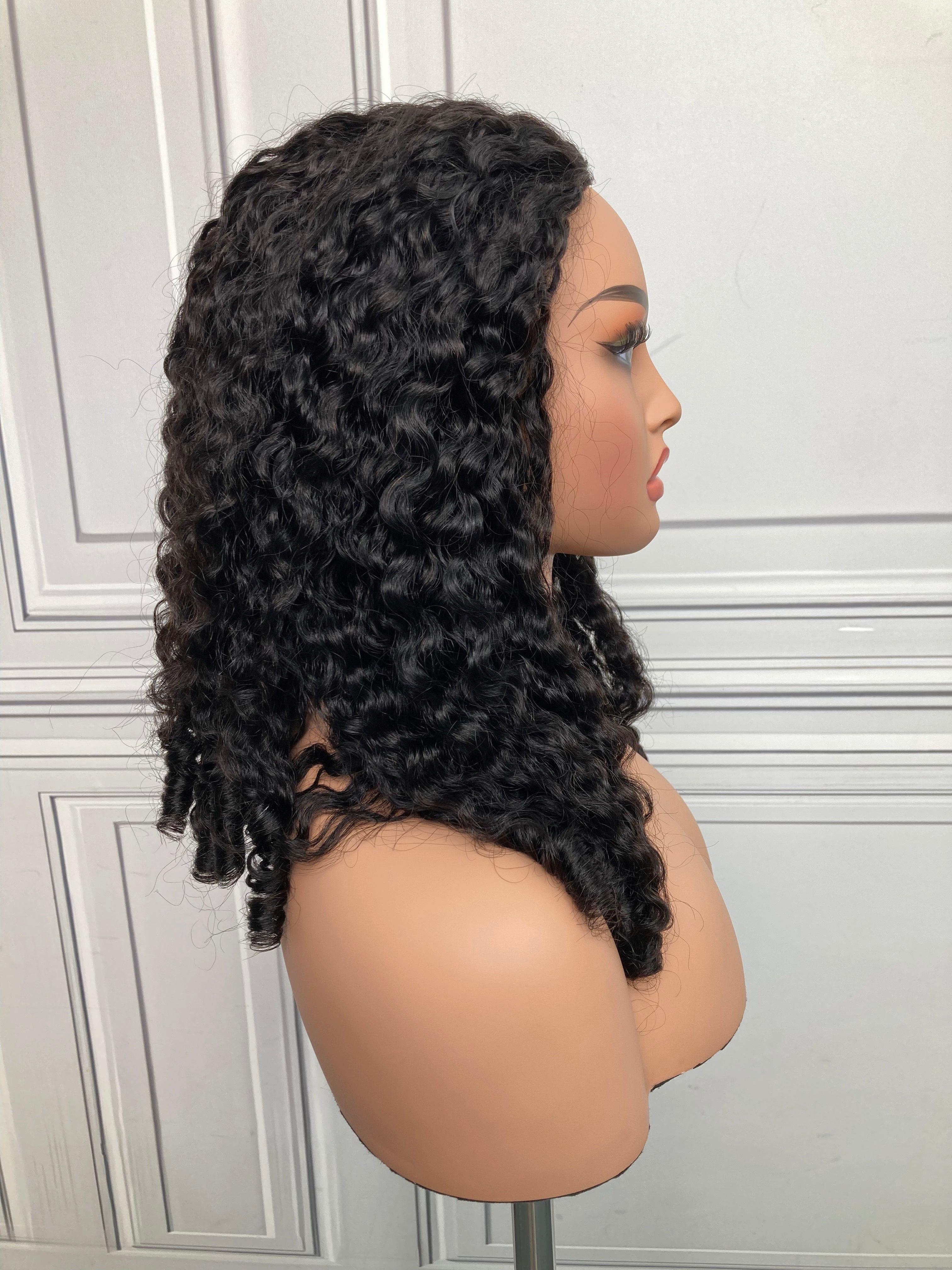 Enstah 18inch 22inch #1B Natural Black Burmese Curly Half Wig 180% Density