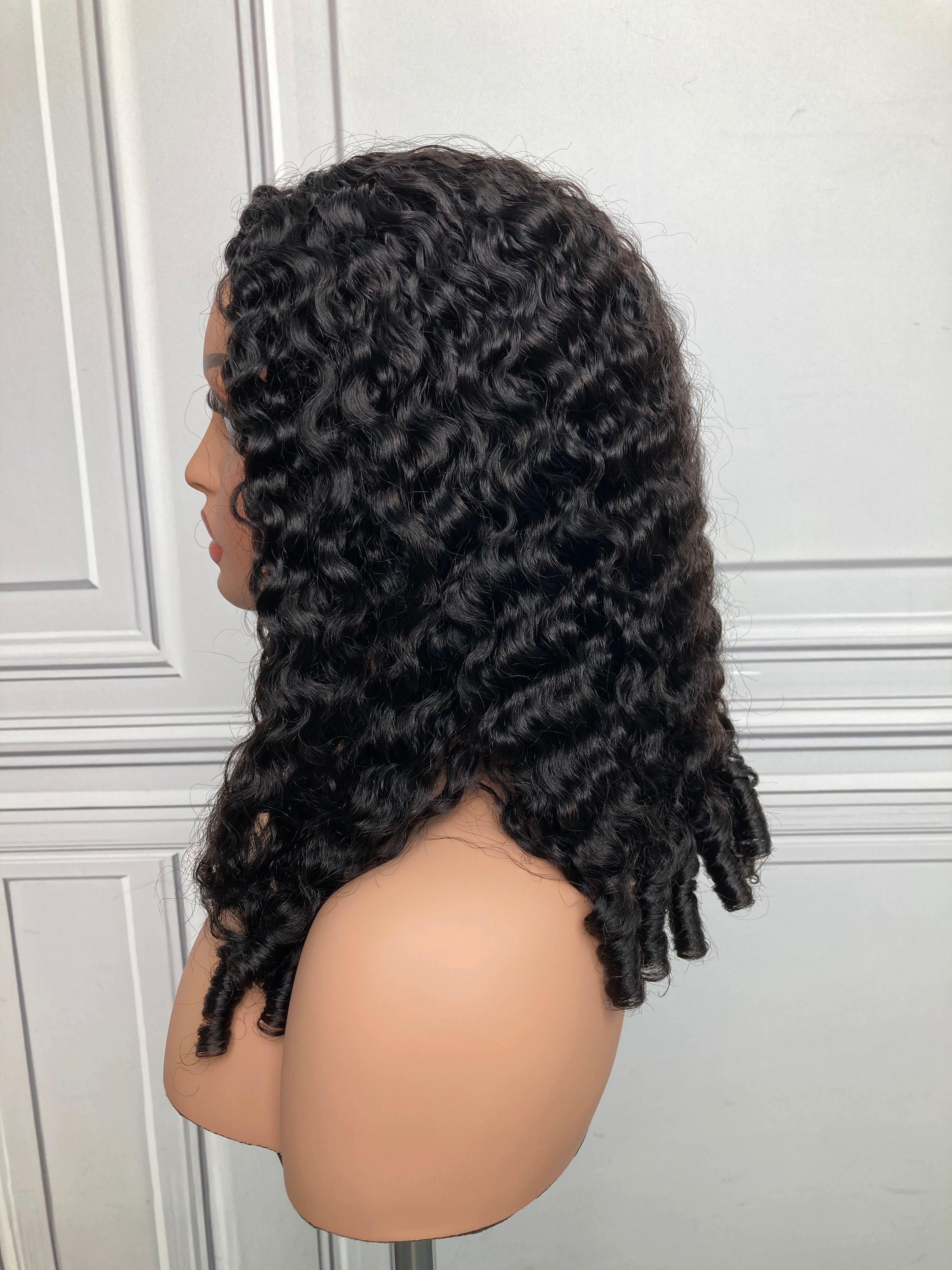 Enstah 18inch 22inch #1B Natural Black Burmese Curly Half Wig 180% Density