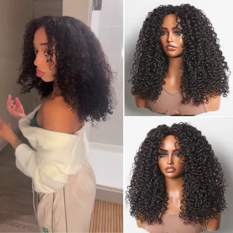 Enstah 16inch-22inch #1B Natural Black Messy Curly Half Wig 180% Density