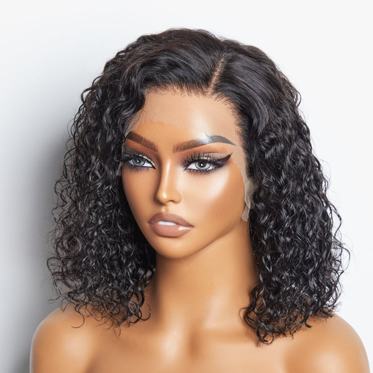 Enstah 12/14 Inches 13"x4" Natural Black Water Wavy Bob 3D Transparent Lace Frontal Wig-100% Human Hair