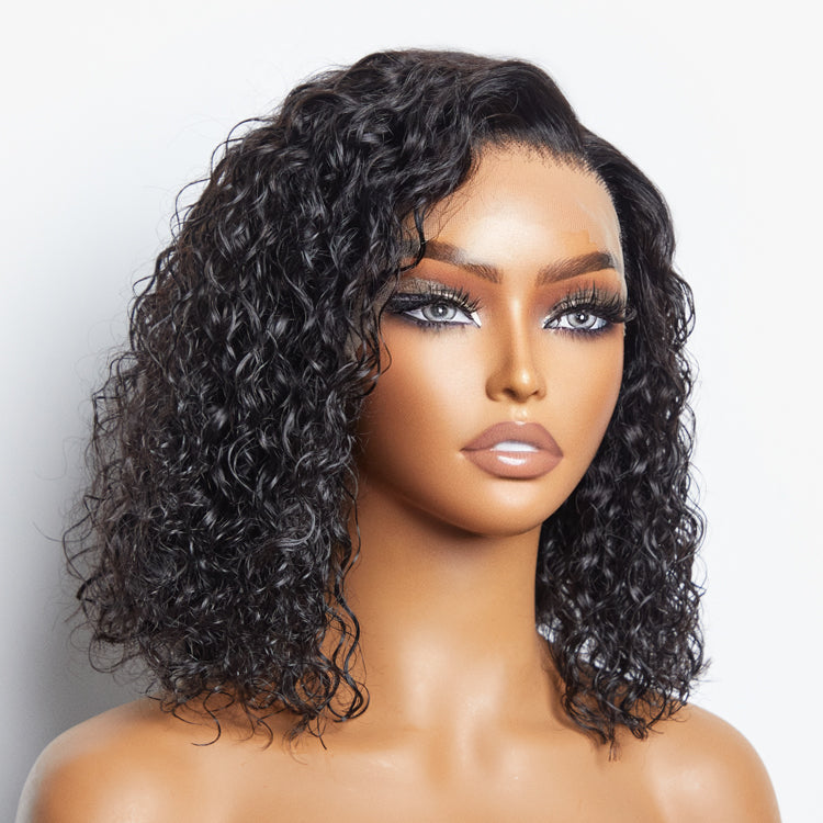 Enstah 12/14 Inches 13"x4" Natural Black Water Wavy Bob 3D Transparent Lace Frontal Wig-100% Human Hair