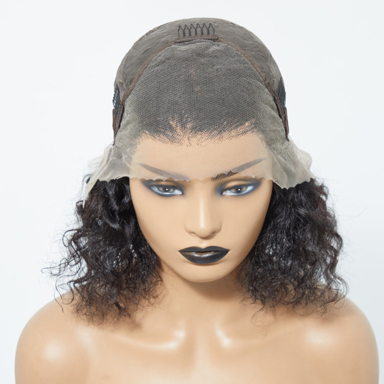 Enstah 12/14 Inches 13"x4" Natural Black Water Wavy Bob 3D Transparent Lace Frontal Wig-100% Human Hair