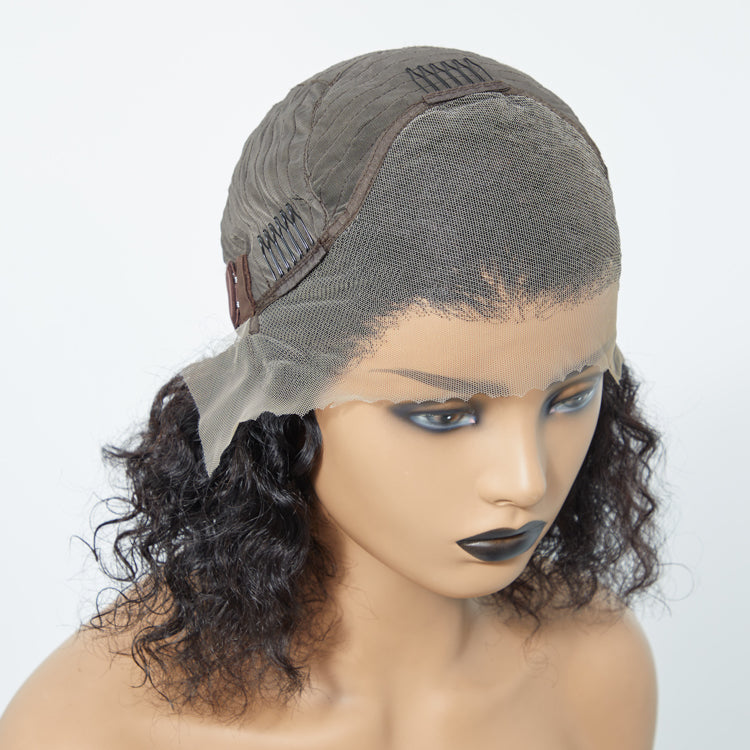 Enstah 12/14 Inches 13"x4" Natural Black Water Wavy Bob 3D Transparent Lace Frontal Wig-100% Human Hair