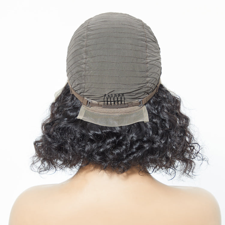 Enstah 12/14 Inches 13"x4" Natural Black Water Wavy Bob 3D Transparent Lace Frontal Wig-100% Human Hair