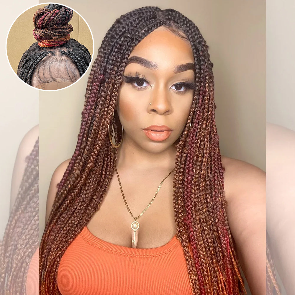 Enstah 28 Inches 4x4 Black to Orange Ends Box Braids Lace Closure Wigs 200% Density-100% Handmade