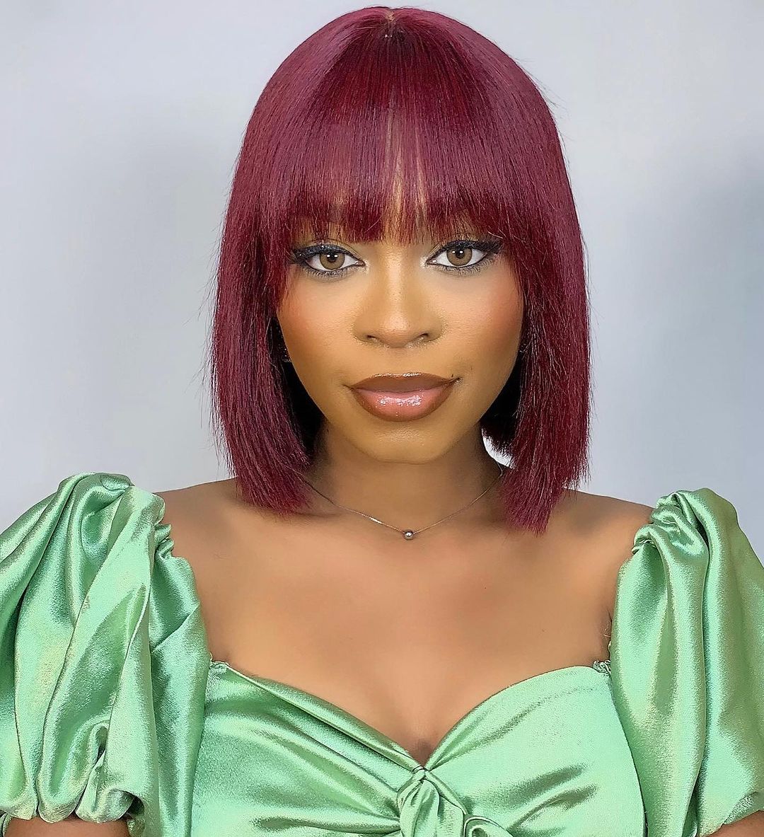 Enstah 10 Inches Reddish Purple Layered Cut Yaki Straight #99J Lace Bob Wig With Bangs