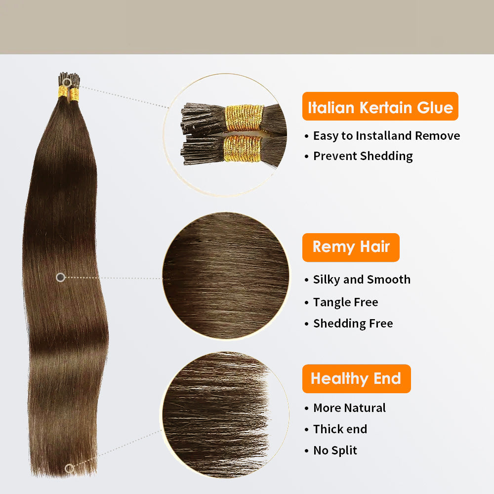Enstah I Tip Hair Extensions Natural Remy Human Hair (#8 Light Brown)