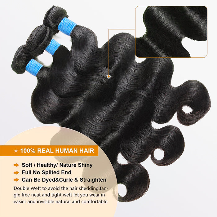 Enstah 10-36 Inch Body Wavy Virgin Brazilian Hair #1B Natural Black